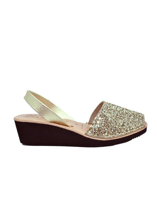 Leather Sandal-Menorquina Sparkly Gold Heel by Ethical & Sustainable Fashion Brand Mamahuhu