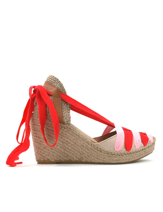 Espadrilles Women-Espadrilles Wedge Ribbon Raspberry Rosé by Ethical & Sustainable Fashion Brand Mamahuhu